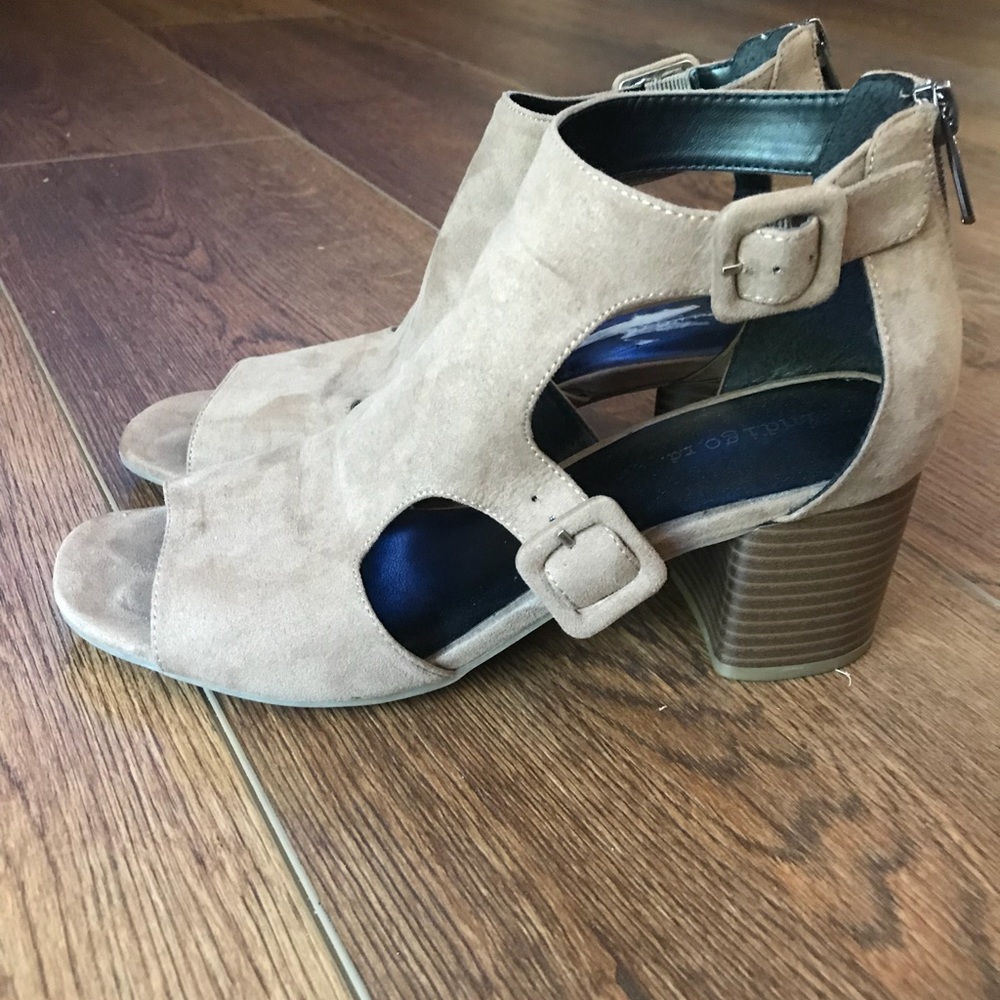 Nude sandals, short heel from Macy’s